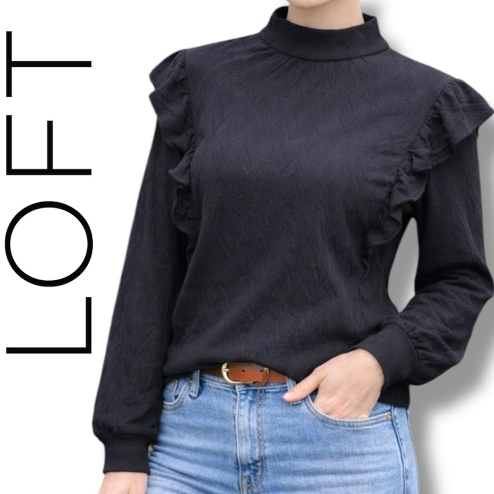 Loft Knit Shirt Long Sleeve Ruffle Mock Neck Blouse Size Large